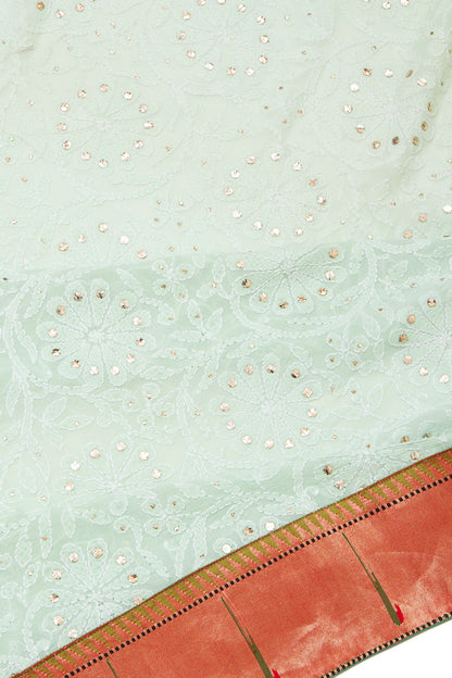 Lucknow Chikankari Georgette Mint Green Saree With Attached Paithani Border