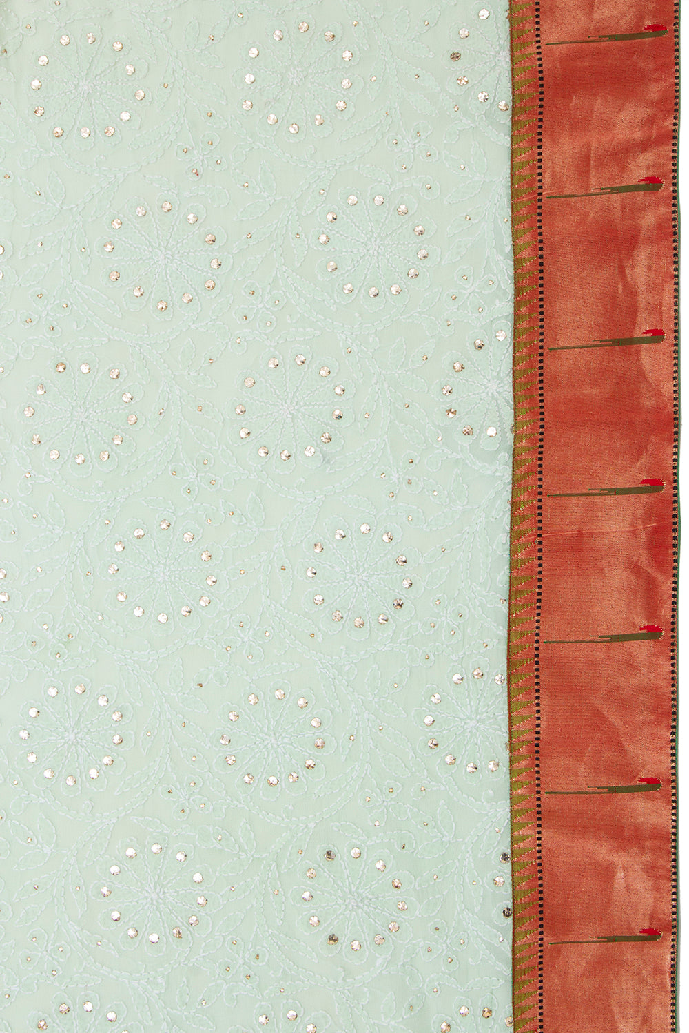 Lucknow Chikankari Georgette Mint Green Saree With Attached Paithani Border