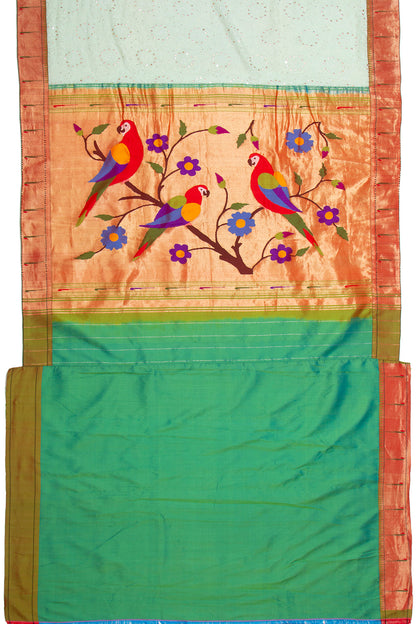 Lucknow Chikankari Georgette Mint Green Saree With Attached Paithani Border