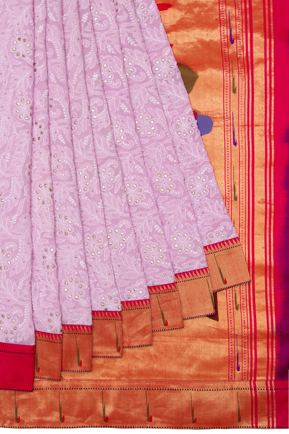 Lucknow Chikankari Georgette Tickled Pink Saree With Attached Paithani Border