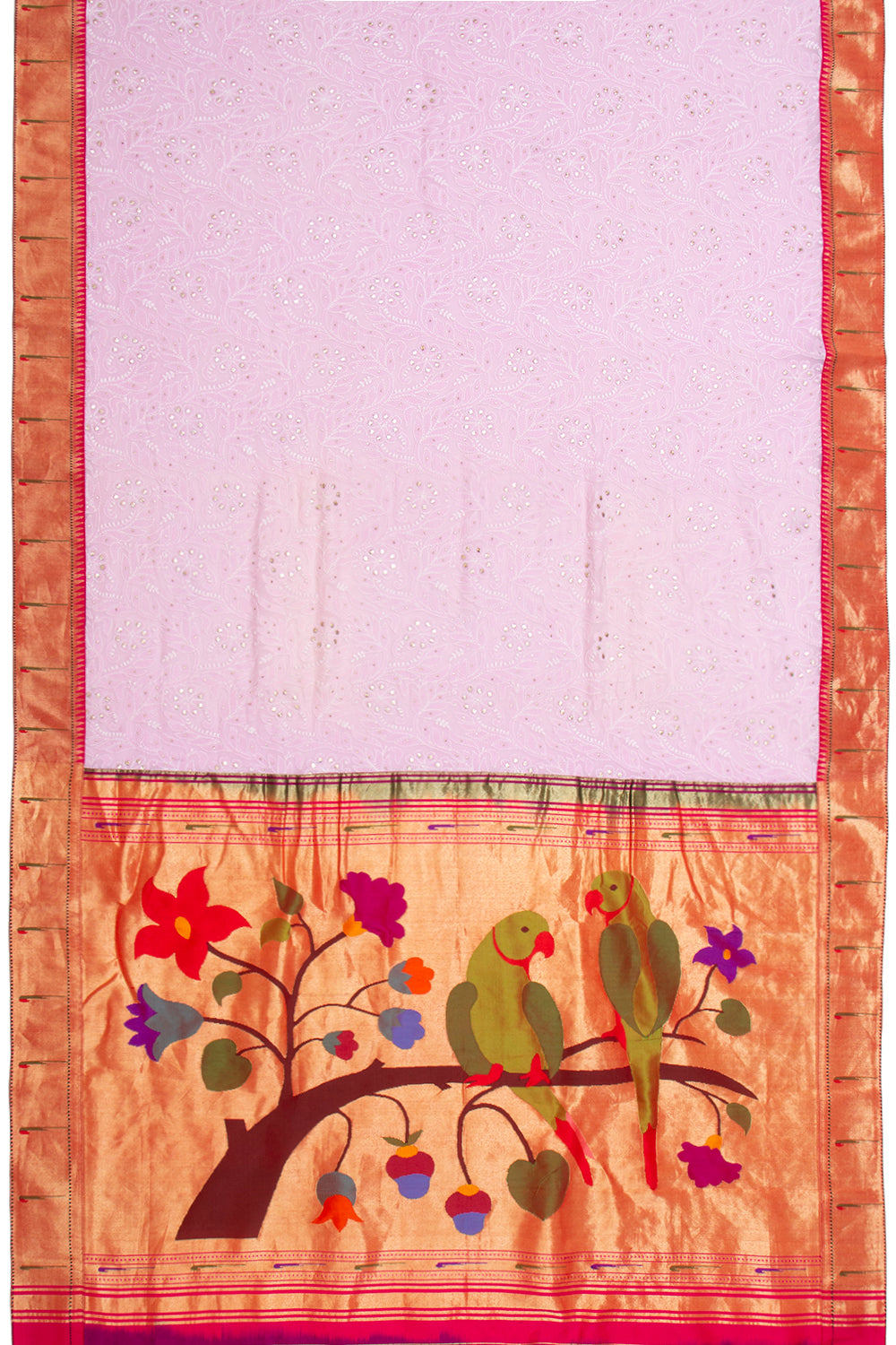 Lucknow Chikankari Georgette Tickled Pink Saree With Attached Paithani Border