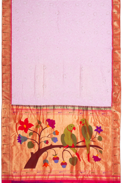 Lucknow Chikankari Georgette Tickled Pink Saree With Attached Paithani Border