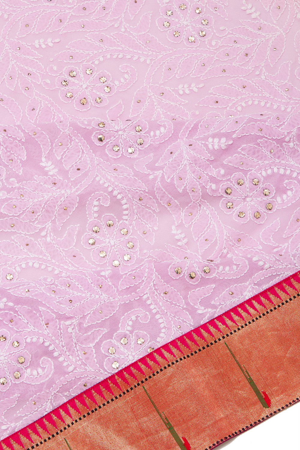 Lucknow Chikankari Georgette Tickled Pink Saree With Attached Paithani Border