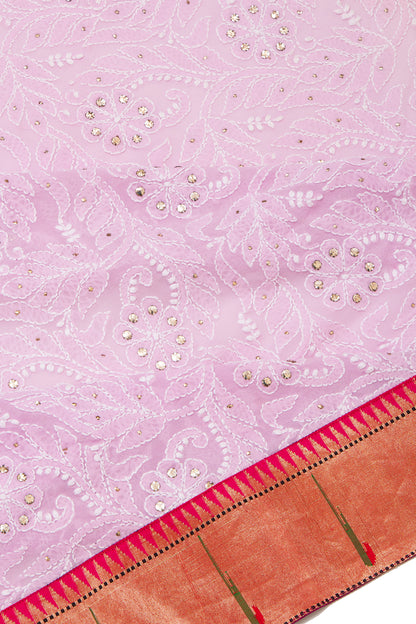 Lucknow Chikankari Georgette Tickled Pink Saree With Attached Paithani Border