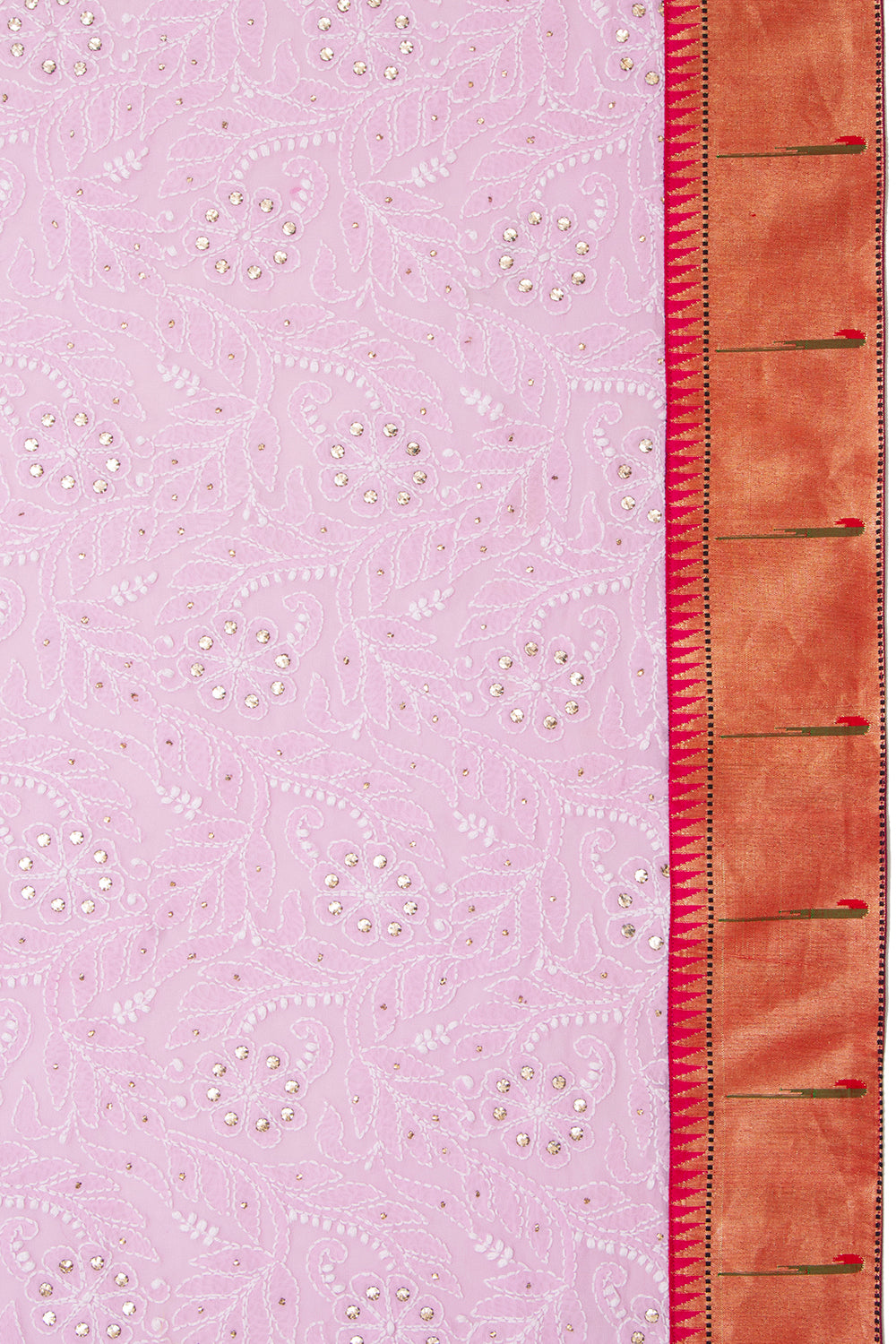 Lucknow Chikankari Georgette Tickled Pink Saree With Attached Paithani Border