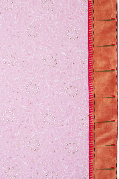 Lucknow Chikankari Georgette Tickled Pink Saree With Attached Paithani Border