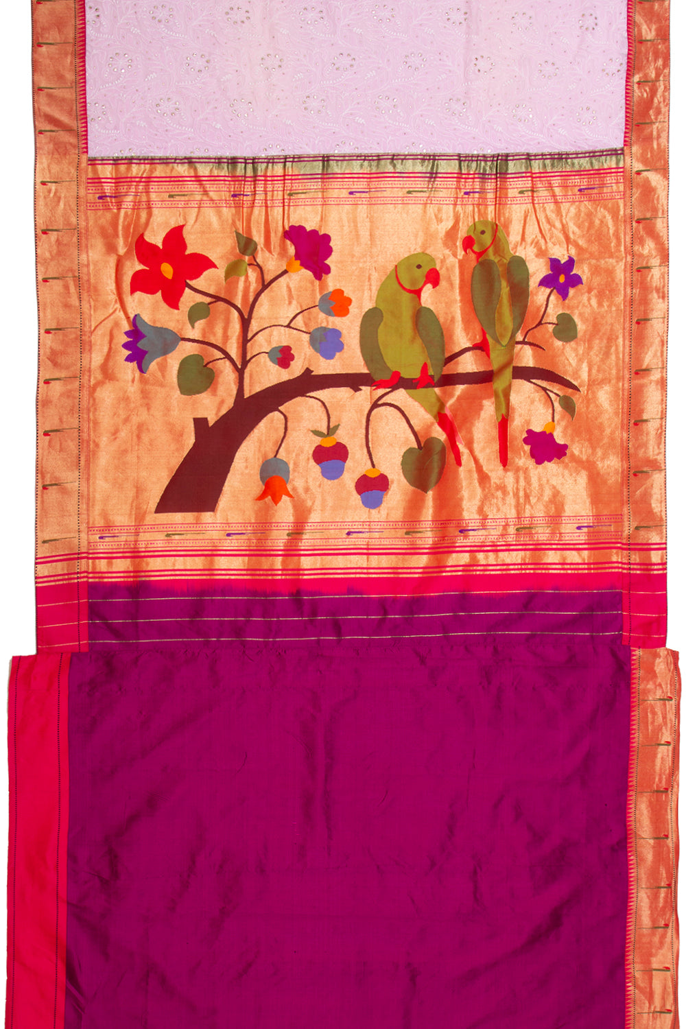 Lucknow Chikankari Georgette Tickled Pink Saree With Attached Paithani Border