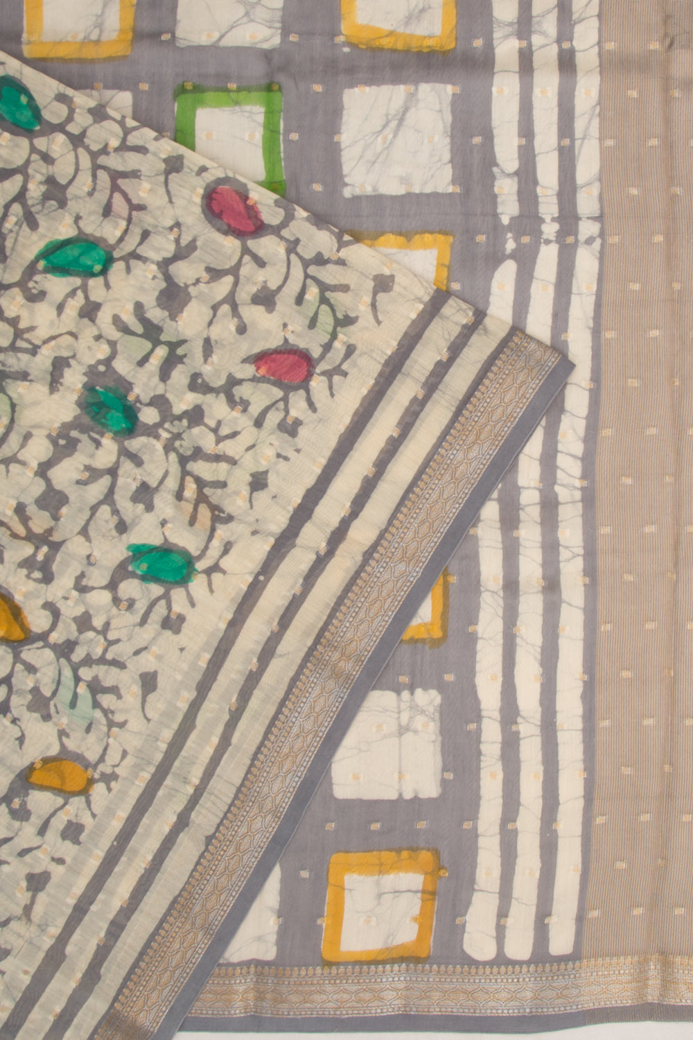 Chanderi Silk Batik Printed And Butta Cream Saree