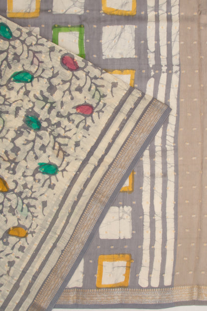 Chanderi Silk Batik Printed And Butta Cream Saree