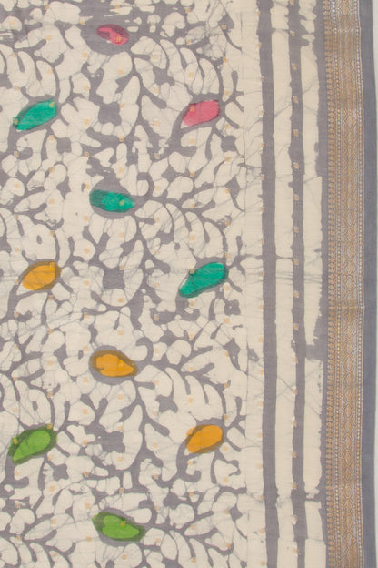 Chanderi Silk Batik Printed And Butta Cream Saree