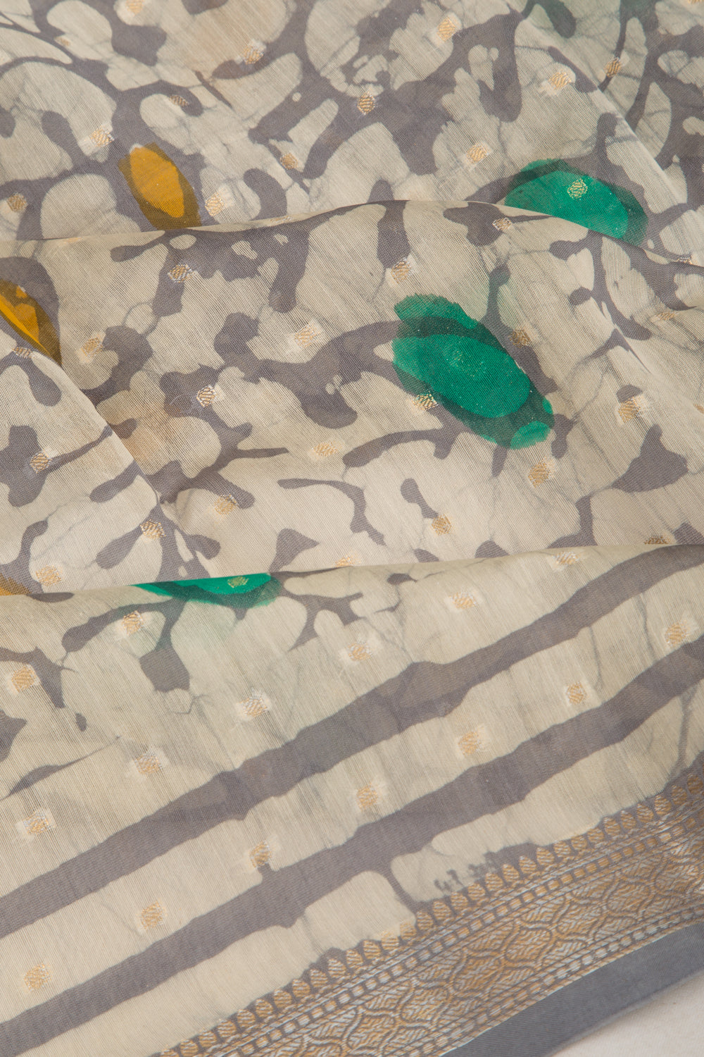 Chanderi Silk Batik Printed And Butta Cream Saree