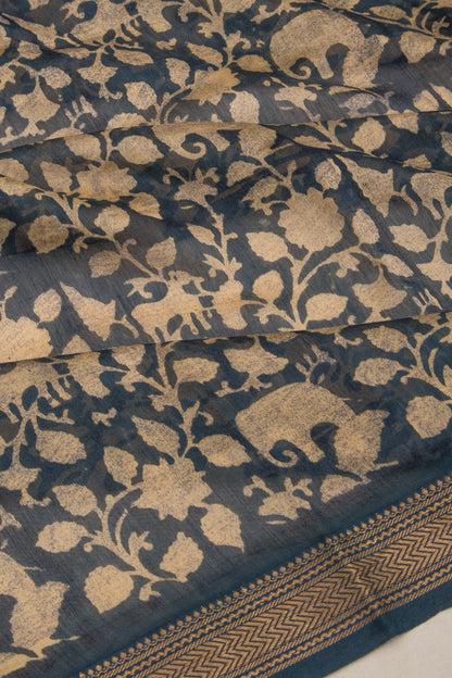 Chanderi Silk Batik Printed Blue Saree