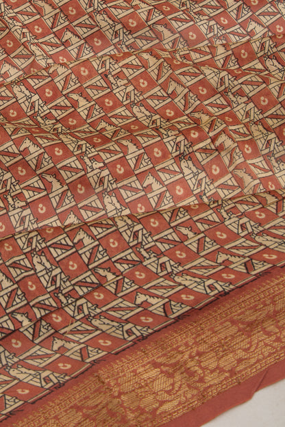 Chanderi Soft Silk Printed Brown And Cream Saree