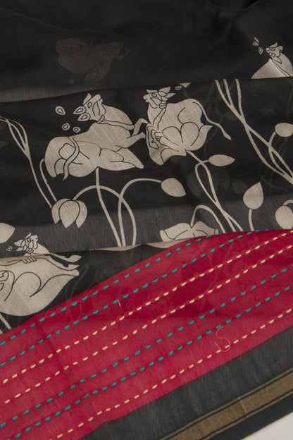 Chanderi Soft Silk Pichwai Printed Black Saree