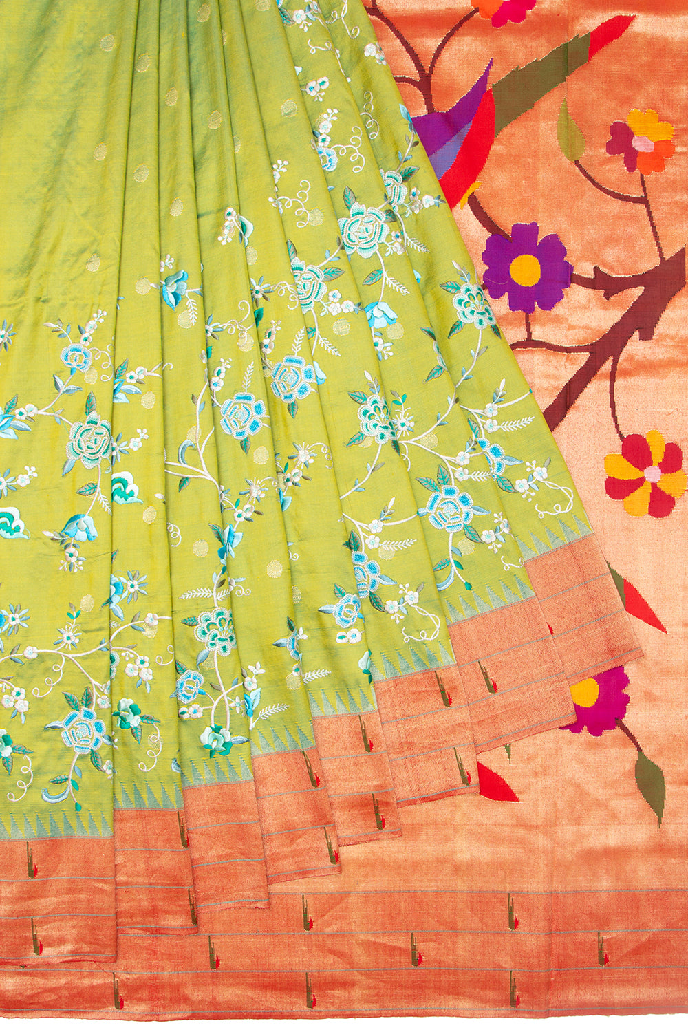 Parsi Gara Paithani Silk Butta Green Saree