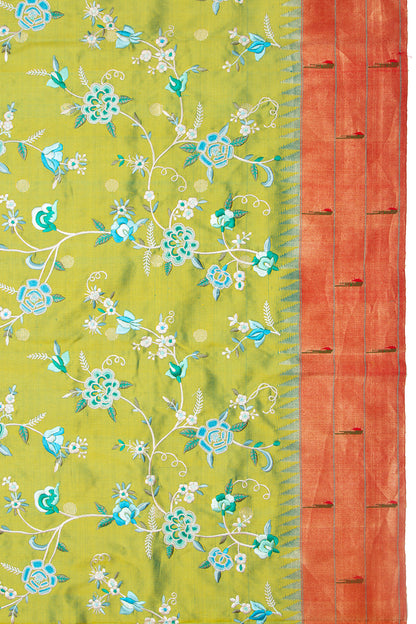 Parsi Gara Paithani Silk Butta Green Saree