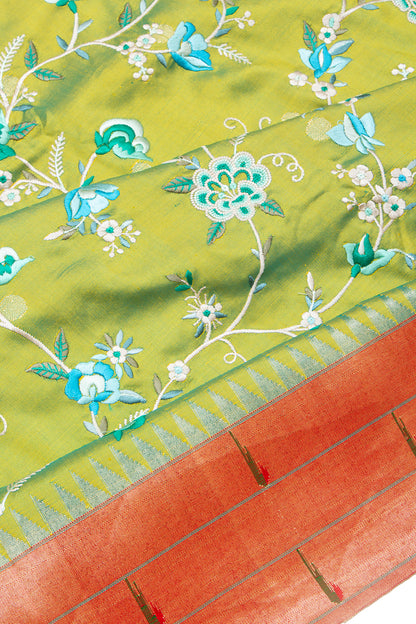 Parsi Gara Paithani Silk Butta Green Saree