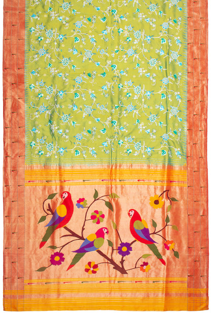 Parsi Gara Paithani Silk Butta Green Saree