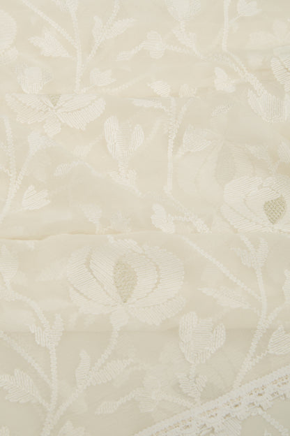 Chiffon Floral Embroidery Off White Saree