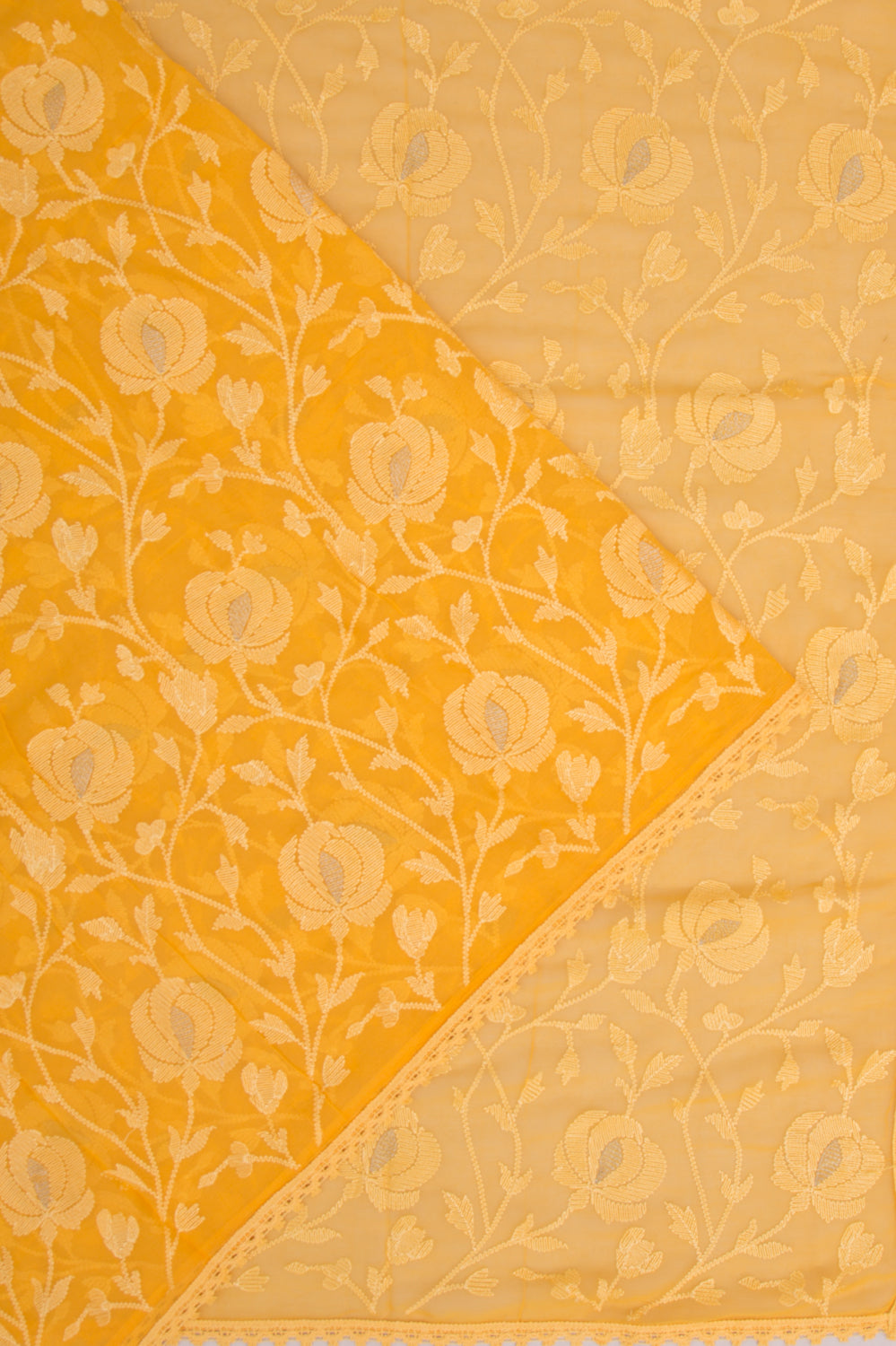 Chiffon Floral Embroidery Mustard Yellow Saree
