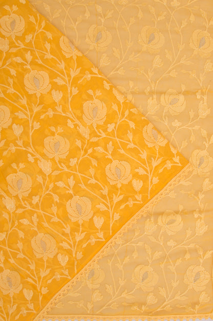 Chiffon Floral Embroidery Mustard Yellow Saree