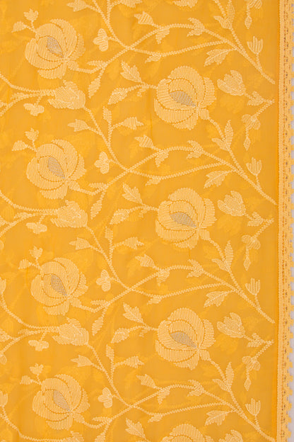 Chiffon Floral Embroidery Mustard Yellow Saree