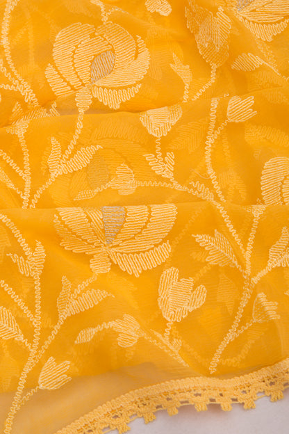Chiffon Floral Embroidery Mustard Yellow Saree
