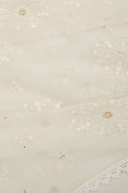 Chiffon Floral Embroidery Off White Saree