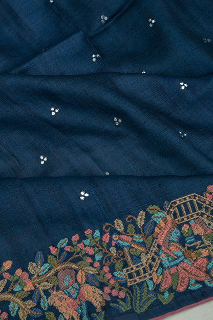 Tussar Butta Dark Blue Saree