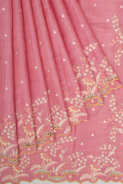 Tussar Butta Pink Saree With Scallop Border