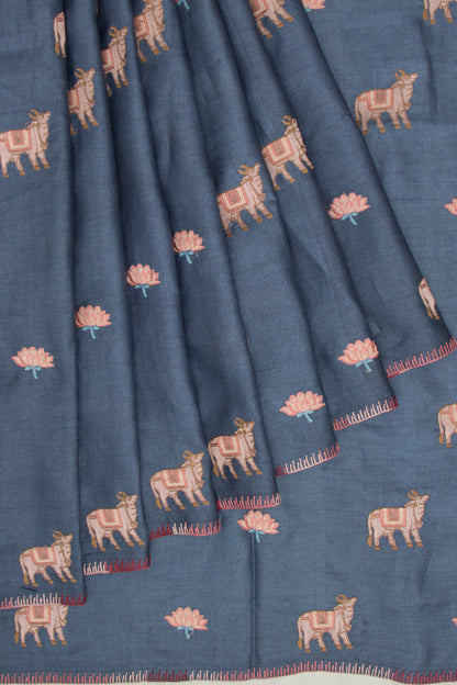Tussar Embroidery And Pichwai Printed Dark Blue Saree