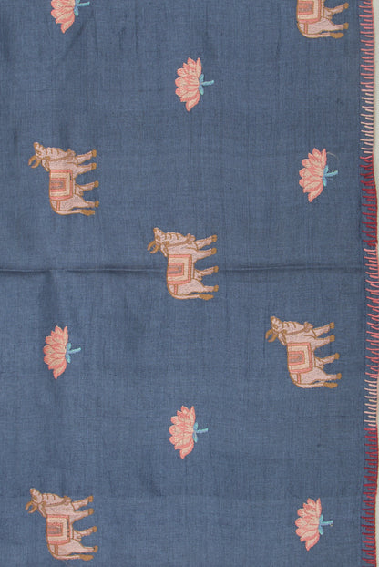 Tussar Embroidery And Pichwai Printed Dark Blue Saree