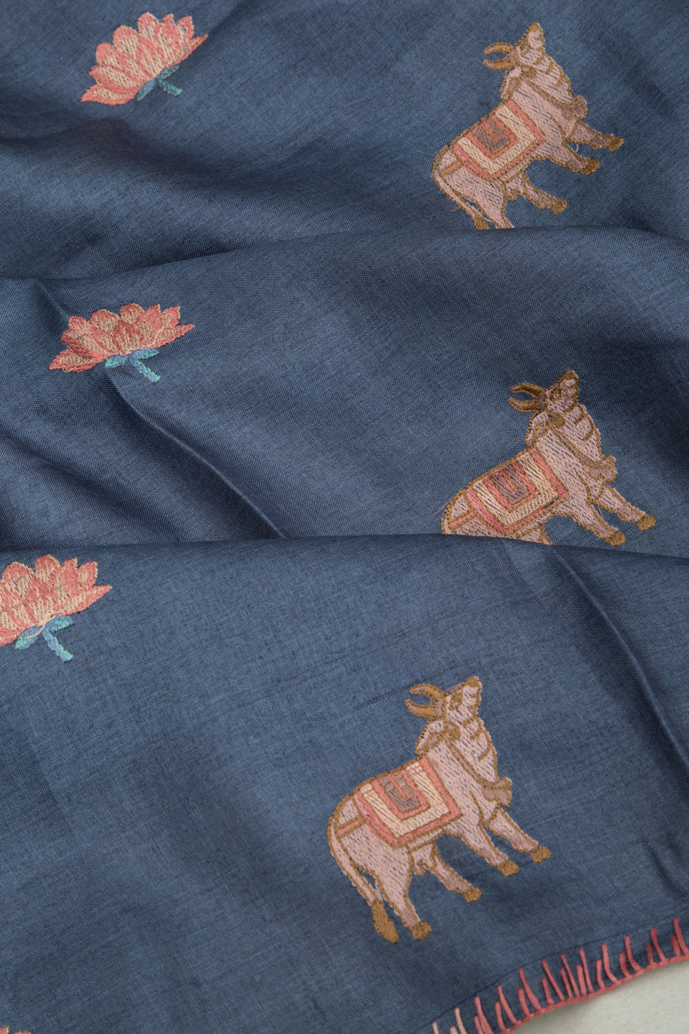 Tussar Embroidery And Pichwai Printed Dark Blue Saree