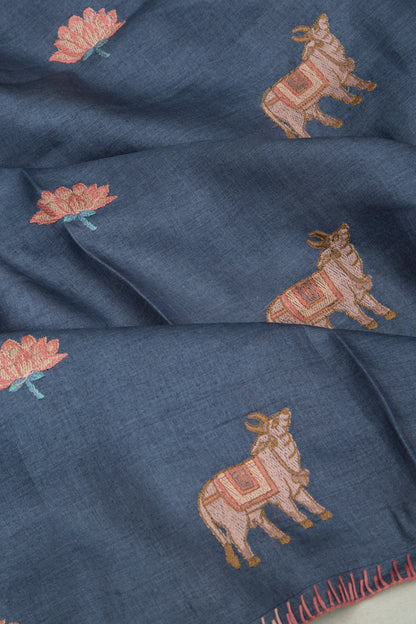 Tussar Embroidery And Pichwai Printed Dark Blue Saree