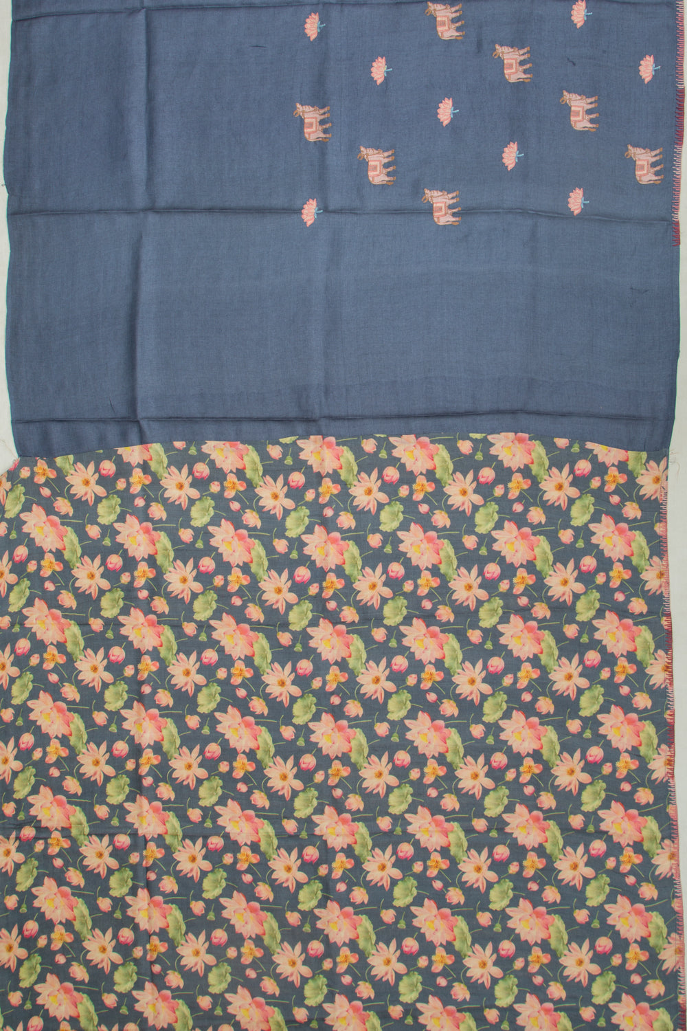Tussar Embroidery And Pichwai Printed Dark Blue Saree