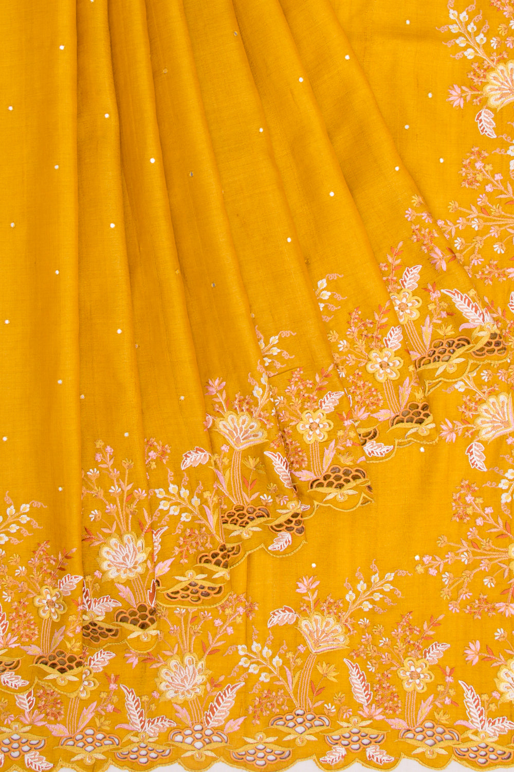 Tussar Butta Mustard Yellow Saree With Scallop Border And Cutwork
