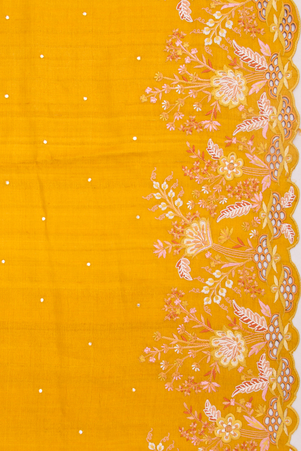 Tussar Butta Mustard Yellow Saree With Scallop Border And Cutwork