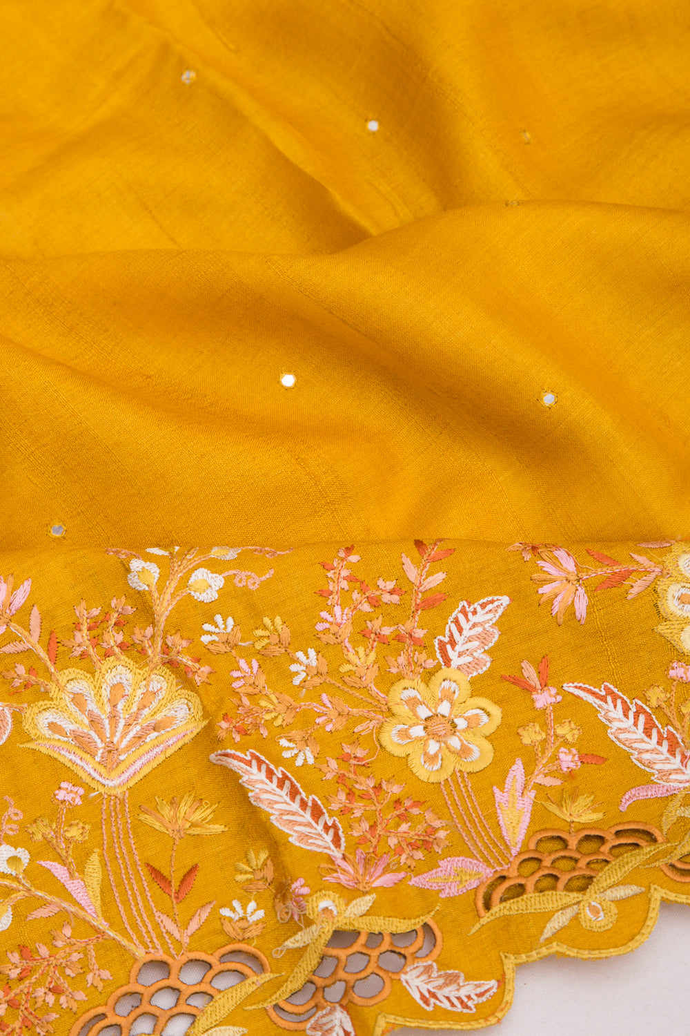 Tussar Butta Mustard Yellow Saree With Scallop Border And Cutwork