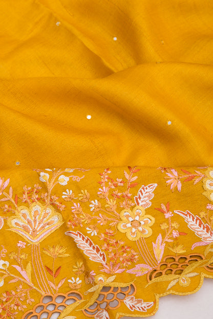 Tussar Butta Mustard Yellow Saree With Scallop Border And Cutwork