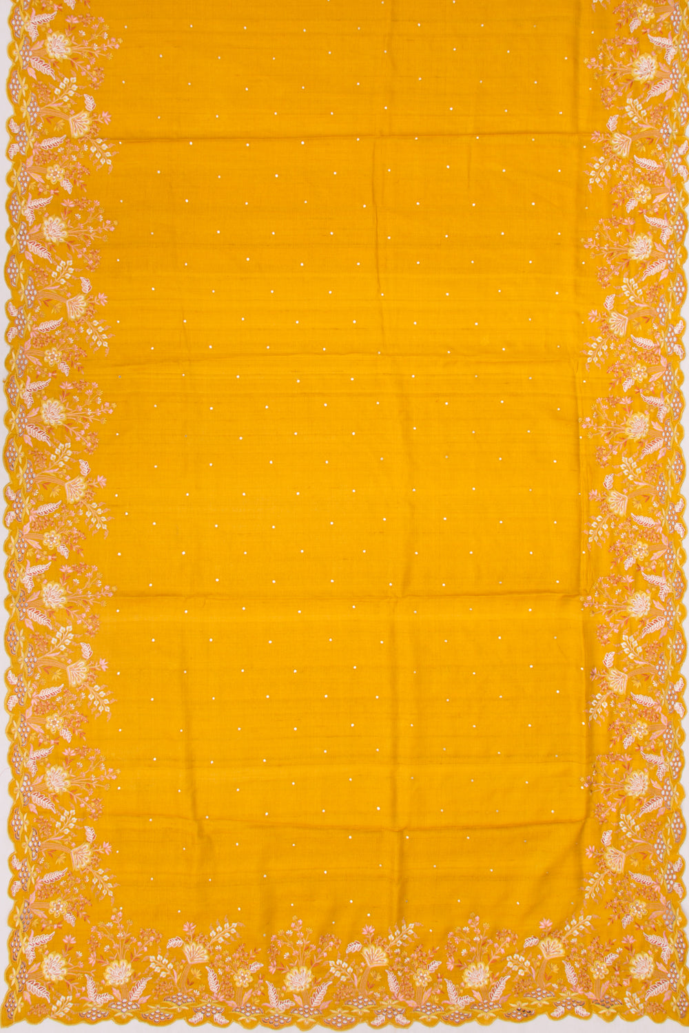 Tussar Butta Mustard Yellow Saree With Scallop Border And Cutwork