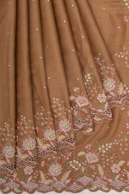 Tussar Butta Brown Saree With Scallop Border And Cut Work
