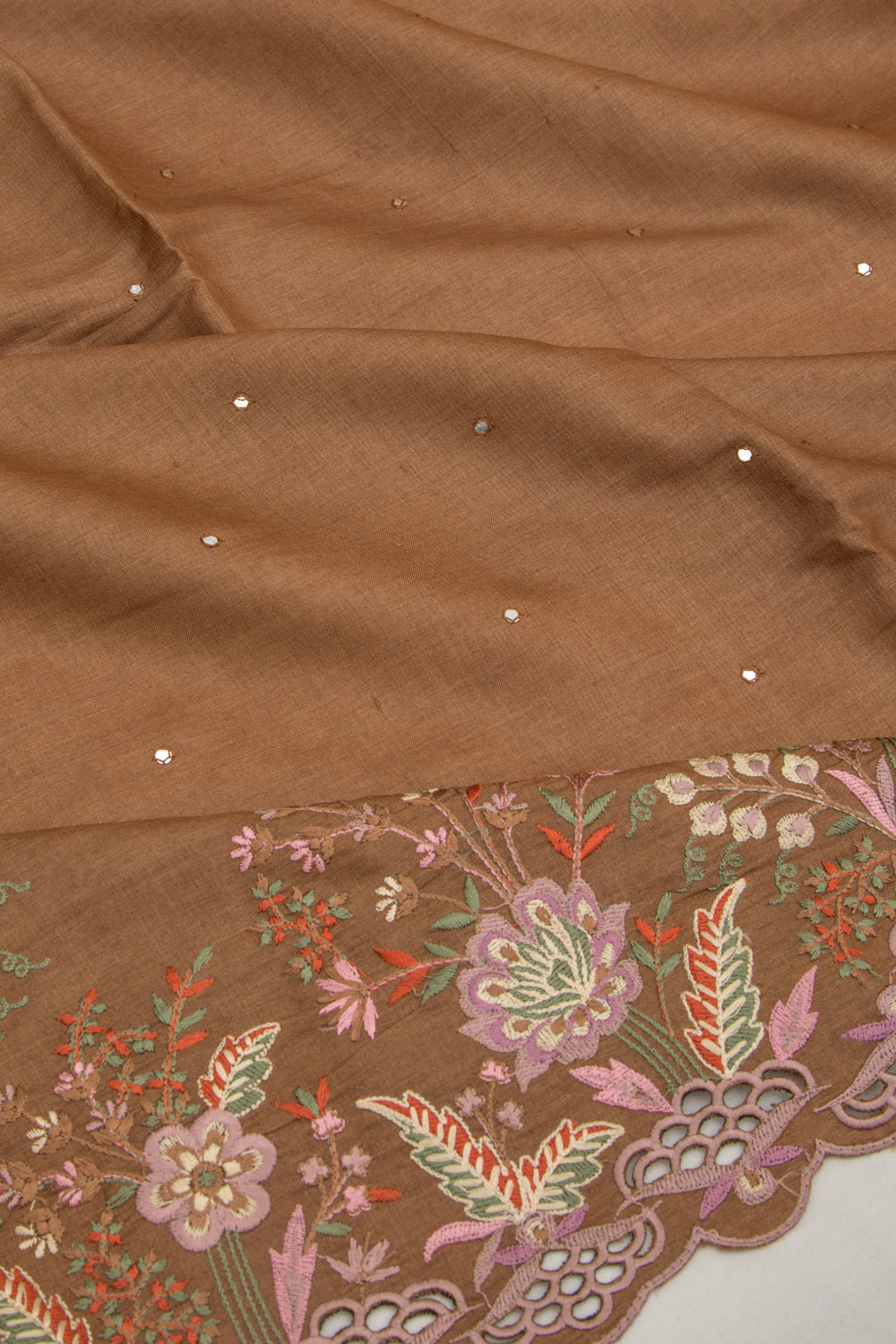 Tussar Butta Brown Saree With Scallop Border And Cut Work