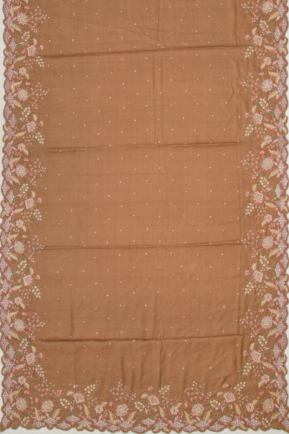 Tussar Butta Brown Saree With Scallop Border And Cut Work