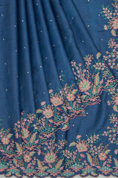 Tussar Butta Dark Blue Saree With Scallop Border And Cutwork