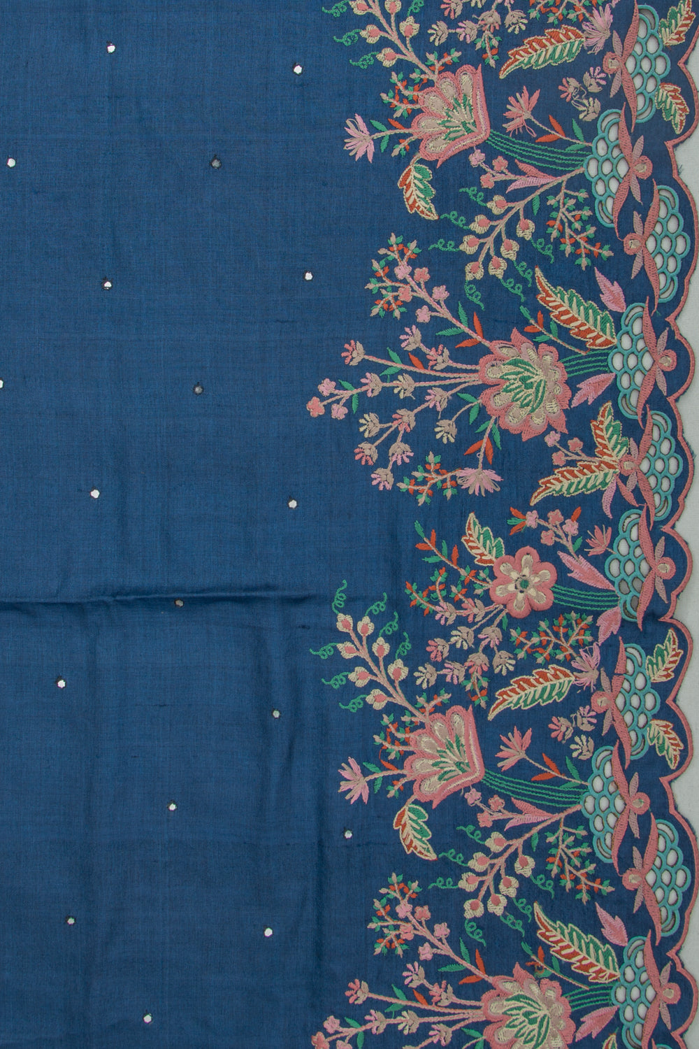 Tussar Butta Dark Blue Saree With Scallop Border And Cutwork