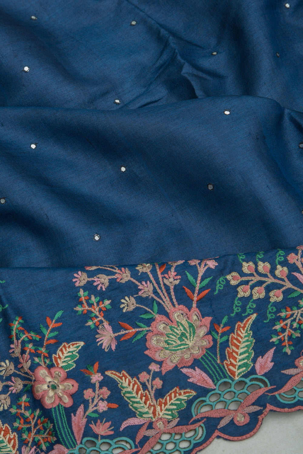Tussar Butta Dark Blue Saree With Scallop Border And Cutwork