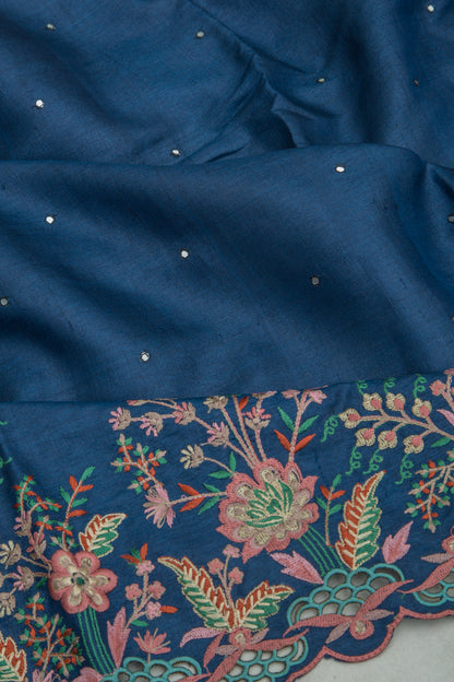 Tussar Butta Dark Blue Saree With Scallop Border And Cutwork