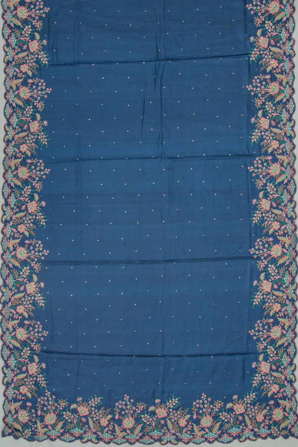 Tussar Butta Dark Blue Saree With Scallop Border And Cutwork