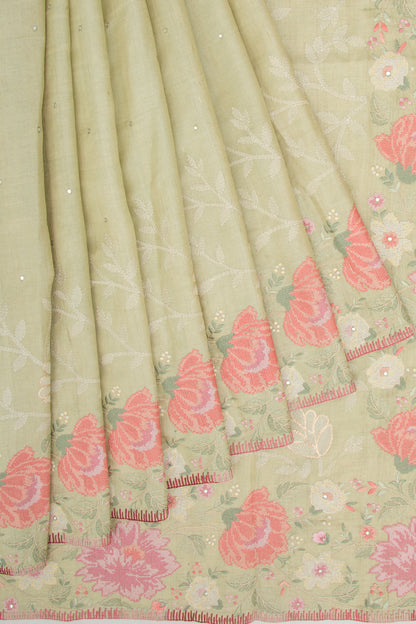 Tussar Floral Embroidery Pastel Green Saree
