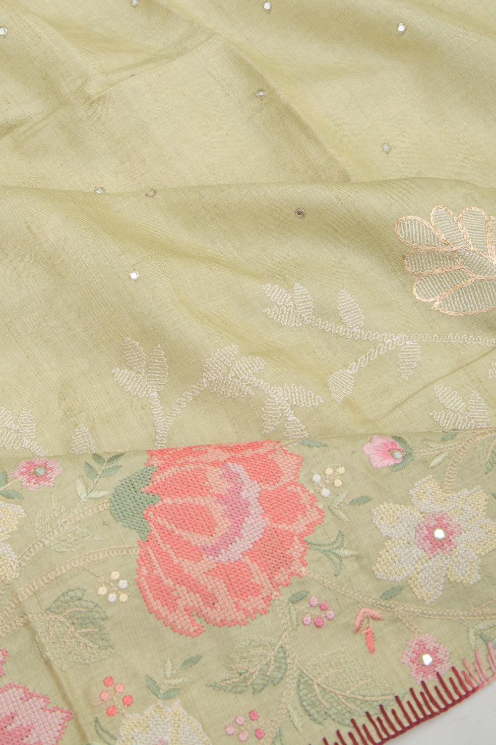 Tussar Floral Embroidery Pastel Green Saree
